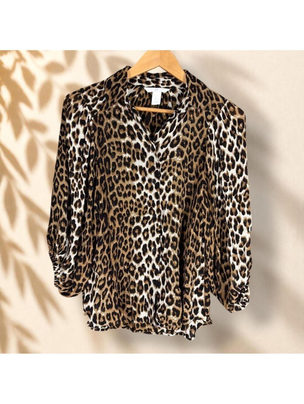 H&M Shirt Women S Small Brown Animal Print Button Up Collared Long Sleeve Casual